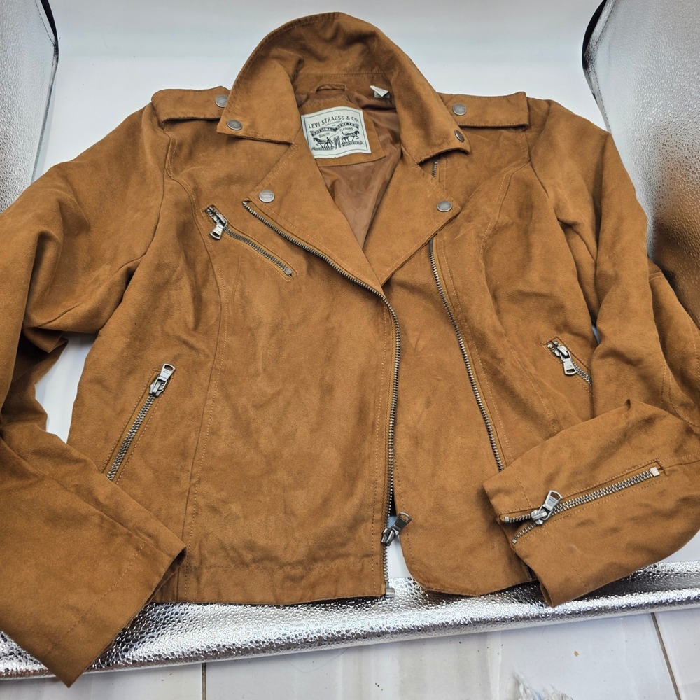 Levis Faux Suede Moto Jacket Womens Small Brown Asymmetrical Zip Biker Cognac O9 - Picture 8 of 16